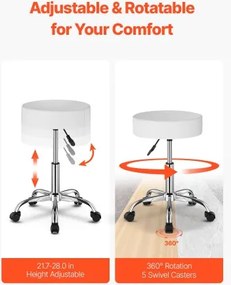 VEVOR Round Rolling Stool Swivel Work Stool with Wheels Height Adjustable White