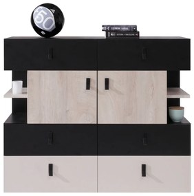 Σιφονιέρα Omaha H107, Μπεζ, Δρυς, Μαύρο, Με συρτάρια και ντουλάπια, 90x110x40cm