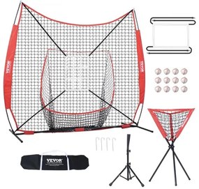 VEVOR 7x7 ft Baseball Softball Practice Net, Portable Baseball Training Net for Hitting Catching Pitching, Backstop Equipment with Bow Frame, Carry Bag, Strike Zone, 12 Balls, Tee, and Ball Collector