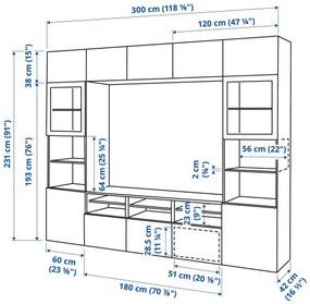 BESTÅ σύνθεση αποθήκευσης TV/γυάλινες πόρτες/συρτάρια ανοίγματος με πίεση, 300x42x231 cm 094.112.38