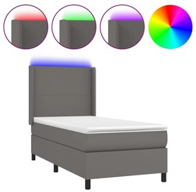 vidaXL Κρεβάτι Boxspring με Στρώμα & LED Γκρι 90x200 εκ. Συνθ. Δέρμα