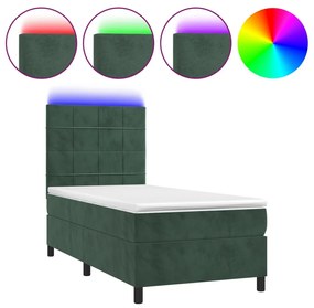 vidaXL Κρεβάτι Boxspring με Στρώμα & LED Σκ. Πράσινο 100x200εκ Βελούδο