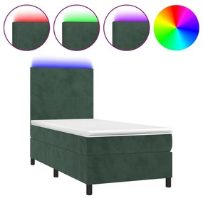 vidaXL Κρεβάτι Boxspring με Στρώμα & LED Σκ. Πράσινο 100x200εκ Βελούδο