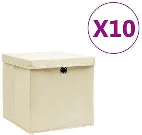 Κουτιά Αποθήκευσης με Καπάκια 10 τεμ. Κρεμ 28 x 28 x 28 εκ. - Κρεμ