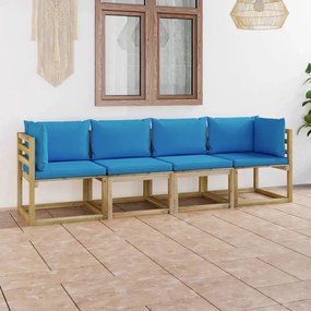 Καναπές Κήπου Τετραθέσιος με Γαλάζια Μαξιλάρια - Μπλε