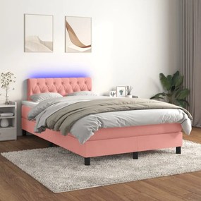 vidaXL Κρεβάτι Boxspring με Στρώμα & LED Ροζ 120x200 εκ. Βελούδινο