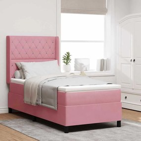vidaXL Κρεβάτι Box Spring LED με Στρώμα Argyle Ροζ 90 x 190 cm Βελούδο