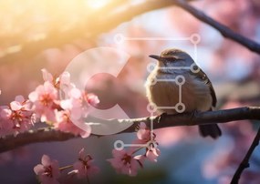 Intra Συλλεκτικό Ξύλινο Παζλ Plywood 4mm - Μικρό πουλί σκαρφαλωμένο σε κλαδί ροζ ανθισμένου δέντρου Σε Ξύλινο Κουτί - Διαστάσεις: 10x10 cm – 25 κομμάτια