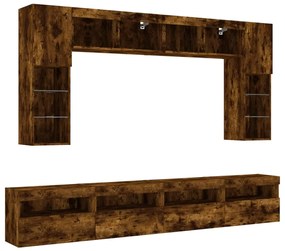 vidaXL Ντουλάπια Τηλεόρασης Τοίχου 8 τεμ. με Φώτα LED Καπνιστή Δρυς