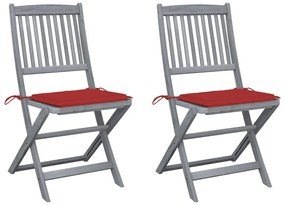 Καρέκλες Εξωτ. Χώρου Πτυσσόμενες 2 Τεμ Ξύλο Ακακίας &amp; Μαξιλάρια - Κόκκινο