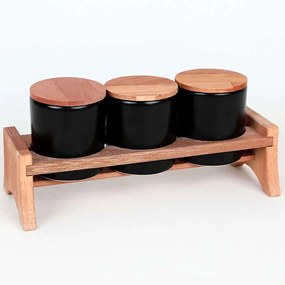 Δοχεία Αποθήκευσης Σε Βάση (Σετ 4Τμχ) 275KRM1725 10x10x10cm 620ml Black-Natural Hermia Κεραμικό,Ξύλο
