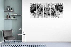 Εικόνα 5 τμημάτων γοητευτικός συνδυασμός λουλουδιών και φύλλων σε ασπρόμαυρο - 100x50