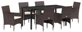 vidaXL Σέτ φαγητού για κήπο με μαξιλάρι 7 pcs Καφέ Πολυ ράταν