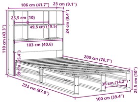 Κρεβάτι Βιβλιοθήκη Χωρίς Στρώμα 100x200 εκ Μασίφ Πεύκο - Καφέ