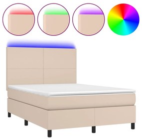 vidaXL Κρεβάτι Boxspring Στρώμα&LED Καπουτσίνο 140x190 εκ. Συνθ. Δέρμα