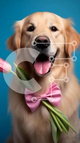 Intra Συλλεκτικό Ξύλινο Παζλ Plywood  4mm - Σκύλος Golden Retriever με ροζ τουλίπα και παπιγιόν Σε Ξύλινο Κουτί - Διαστάσεις: 10x10 cm – 25 κομμάτια