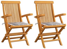 Καρέκλες Κήπου 2 τεμ. Μασίφ Ξύλο Teak με Γκρι Καρό Μαξιλάρια