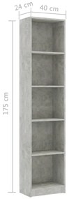 vidaXL Βιβλιοθήκη με 5 Ράφια Γκρι Σκυροδέμ. 40x24x175 εκ. Επεξ. Ξύλο