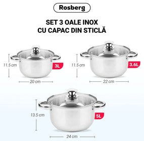 Σετ κατσαρόλες Rosberg R51210O6, 6 τμχ, 3-5 L, Γυάλινα καπάκια, Inox