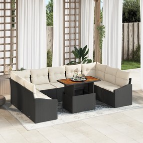vidaXL 10 τμχ Σετ Εξωτερικής Τραπεζαρίας με Μαξιλάρια σε Μαύρο Πολυ Ράτταν Ακακία