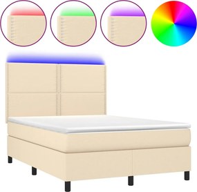 vidaXL Κρεβάτι Boxspring με Στρώμα &amp; LED Κρεμ 140x200 εκ. Υφασμάτινο
