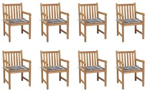 Καρέκλες Κήπου 8 τεμ από Μασίφ Ξύλο Teak με Γκρι Καρό Μαξιλάρια