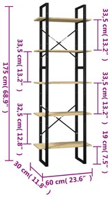 vidaXL Βιβλιοθήκη με 5 Ράφια 60 x 30 x 175 εκ. από Ξύλο Πεύκου