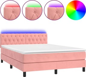 vidaXL Κρεβάτι Boxspring με Στρώμα &amp; LED Ροζ 140x190 εκ. Βελούδινο