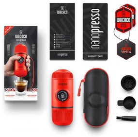 Φορητή μηχανή εσπρέσο Wacaco Nanopresso Lava Red, 18bar, 80 ml, Για αλεσμένο καφέ, Δεν χρειάζεται φόρτιση ή μπαταρίες, Θήκη μεταφοράς, Κόκκινο