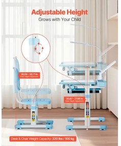 VEVOR Kids Chair and Desk Set Table Lamp Adjustable Height &amp; Tilted Desktop Blue