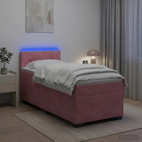 vidaXL Κρεβάτι Box Spring με Στρώμα και LED Ροζ 100 x 200 cm Βελούδο