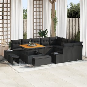 vidaXL 12 τεμαχίων σετ καναπέ κήπου με μαξιλάρια μαύρο πολυ-ρατάν ακακία
