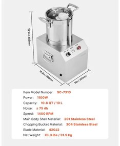 VEVOR Food Processor &amp; Vegetable Chopper 10L Food-Grade Stainless Steel Blender