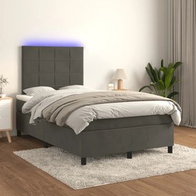 vidaXL Κρεβάτι Boxspring με Στρώμα & LED Σκ.Γκρι 120x190εκ. Βελούδινο