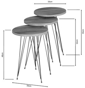 Τραπεζάκια σαλονιού Βοηθητικά Wakmi σετ 3 τεμ φυσικό μελαμίνη - μαύρο μέταλλο 33x33x55 εκ.