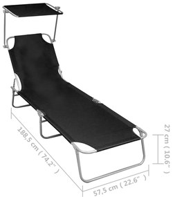 vidaXL Ξαπλώστρα Πτυσσόμενη Μαύρη Αλουμινίου με Σκίαστρο