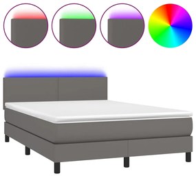vidaXL Κρεβάτι Boxspring με Στρώμα & LED Γκρι 140x190 εκ. Συνθ. Δέρμα