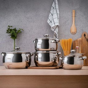Σετ κατσαρόλας Oliver Voltz OV51210G8B, 8 τεμαχίων, πολυστρωματικός πυθμένας, επαγωγής, ανοξείδωτο ατσάλι, ασημί