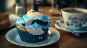 Intra Συλλεκτικό Ξύλινο Παζλ Plywood  4mm - Μπλε cupcake με διακόσμηση με μουστάκι και φλιτζάνι καφέ Σε Ξύλινο Κουτί - Διαστάσεις: 10x10 cm – 25 κομμάτια