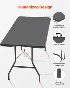 VEVOR 180cm Plastic Folding Table Portable Picnic Table Handle Indoor Outdoor