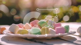 Intra Συλλεκτικό Ξύλινο Παζλ Plywood  4mm - Πολύχρωμα Marshmallows και καραμέλα σε ένα άσπρο πιάτο Σε Ξύλινο Κουτί - Διαστάσεις: 10x10 cm – 25 κομμάτια