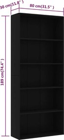 vidaXL Βιβλιοθήκη με 5 Ράφια Μαύρη 80 x 30 x 189 εκ. Επεξ. Ξύλο