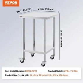 VEVOR Stainless Steel Work Table Commercial Prep Table 24x24 Inch With 4 Casters