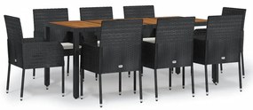 vidaXL Σετ Τραπεζαρίας Κήπου 9 τεμ Μαύρο από Συνθ. Ρατάν με Μαξιλάρια