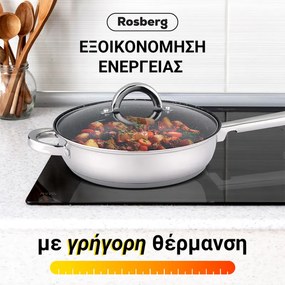 Τηγάνι με καπάκι Rosberg R51210L24TM, 24x6,5cm, Επικάλυψη μάρμαρο, Επαγωγή, Χοντρό πάτο, Inox