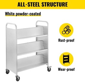 VEVOR Book Cart, 200lbs Library Cart, 35x19x49 Inch Rolling Book Cart Double Sided W-Shaped Sloped Shelves with 4-Inch Lockable Wheels, for Home Shelves Office and School Book Truck in White