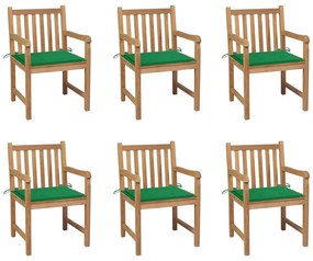 Καρέκλες Κήπου 6 τεμ. από Μασίφ Ξύλο Teak με Πράσινα Μαξιλάρια