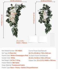 VEVOR Artificial Wedding Arch Flowers Kit White With 2 Pcs Flowers 2 Pcs Drapes