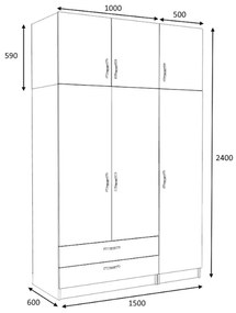 Ντουλάπα ρούχων Victoria Megapap τρίφυλλη με πατάρι και συρτάρια χρώμα φυσικό οξιάς 150x60x240εκ.