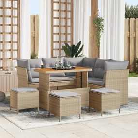 vidaXL 9 Τεμαχίων Σετ Καναπέ Κήπου με Μαξιλάρια Μπεζ Πολυ Ρατάν Ακακία